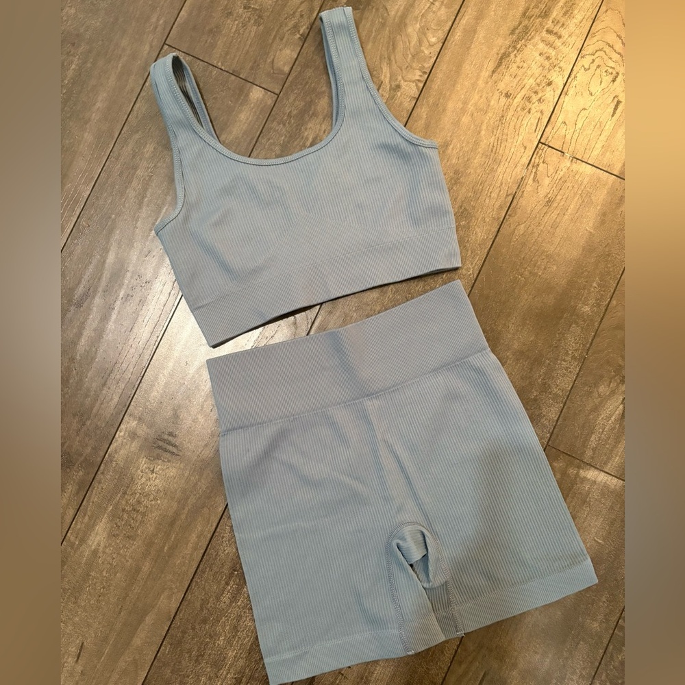 SHEIN Light Blue Ribbed Bike Shorts Set